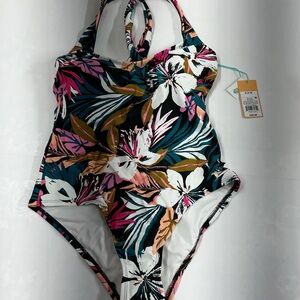 Kona Sol Black Floral One-Piece Swimsuit with Pink & Teal Accents